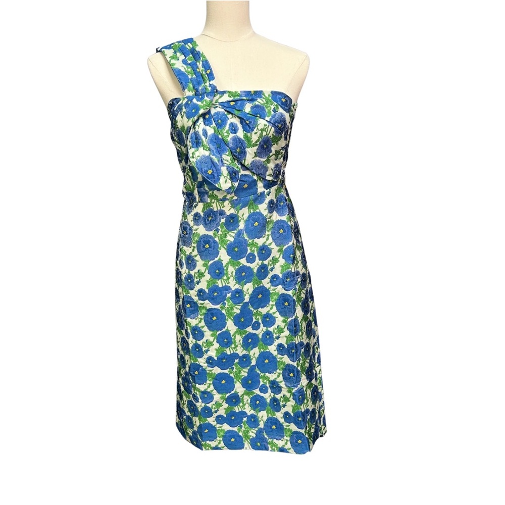 AQUA Brocade Floral One-Shoulder Midi Dress in Blue and Green